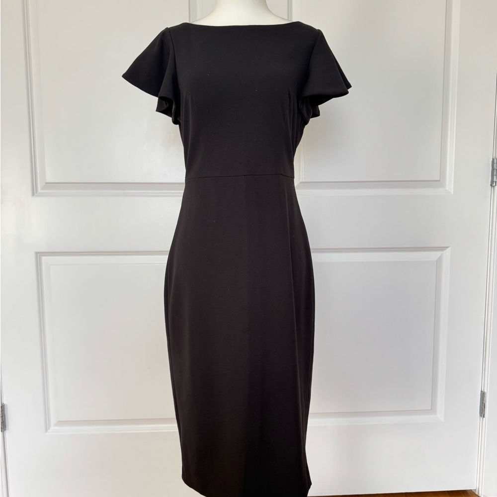 Calvin Klein Black Midi Sheath Dress with Flutter Sleeves
